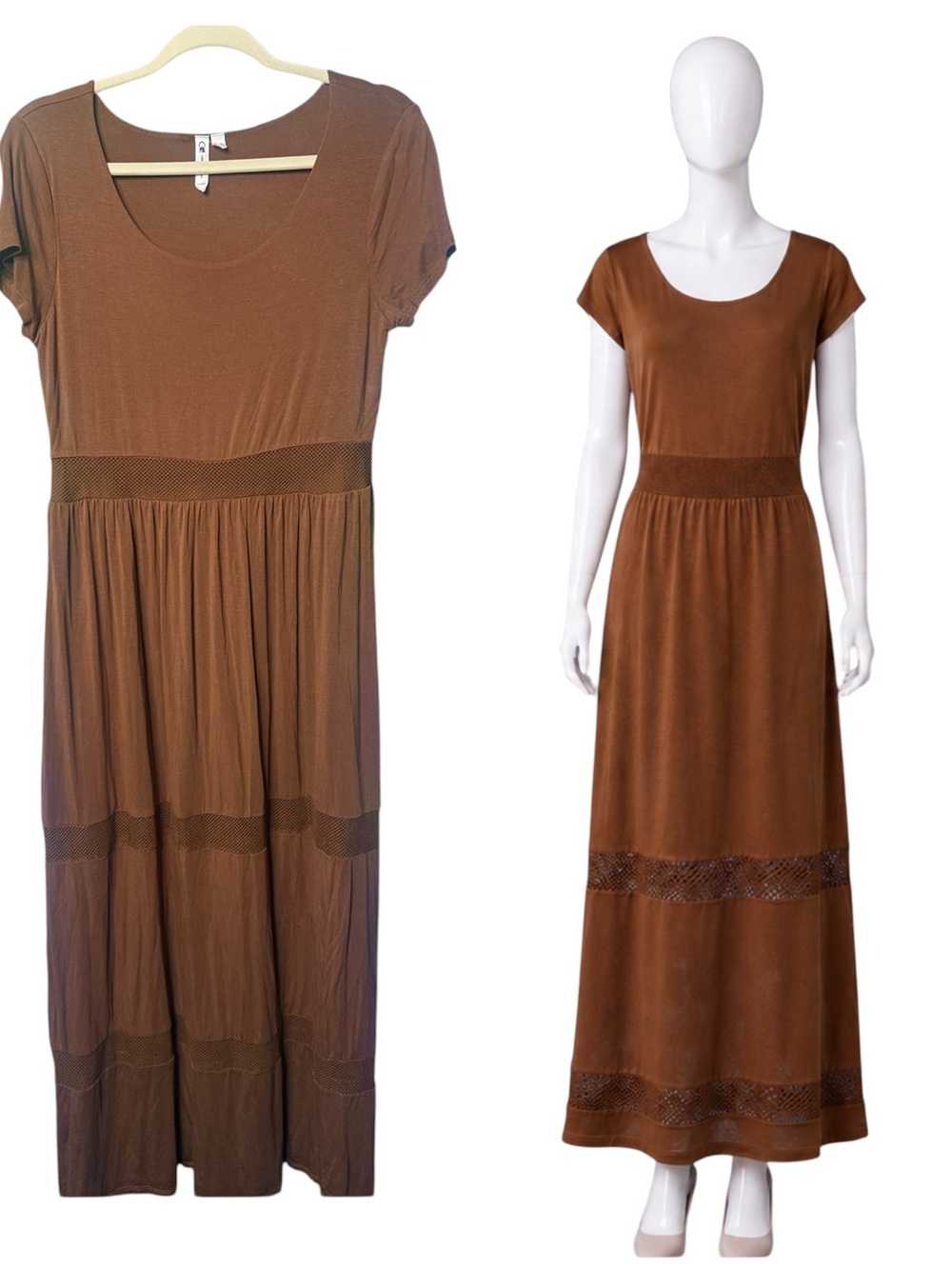 Cable & Gauge Brown Mesh Panel Maxi Dress Medium